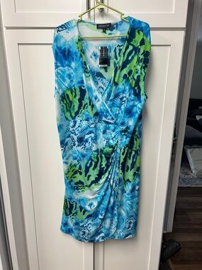Jones of New York Blue and Green Abstract Wrap Dress 2x